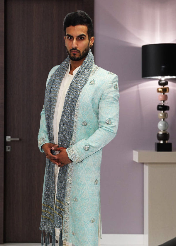 3 Piece Light Blue Brocade Sherwani with Embroidery