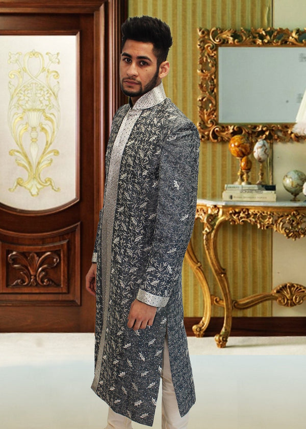 Silver Patterned Brocade Sherwani