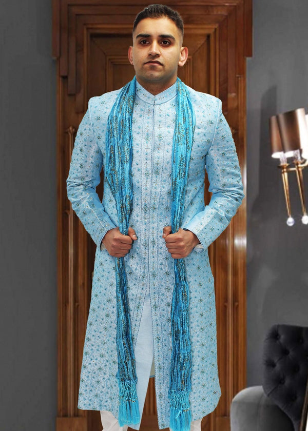 Sky Blue Indian Sherwani with Full Embroidery