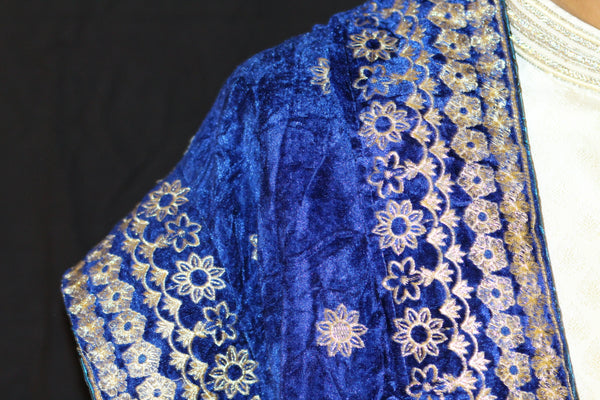 Royal Blue Velvet Shawl with Gold Embroidered pattern