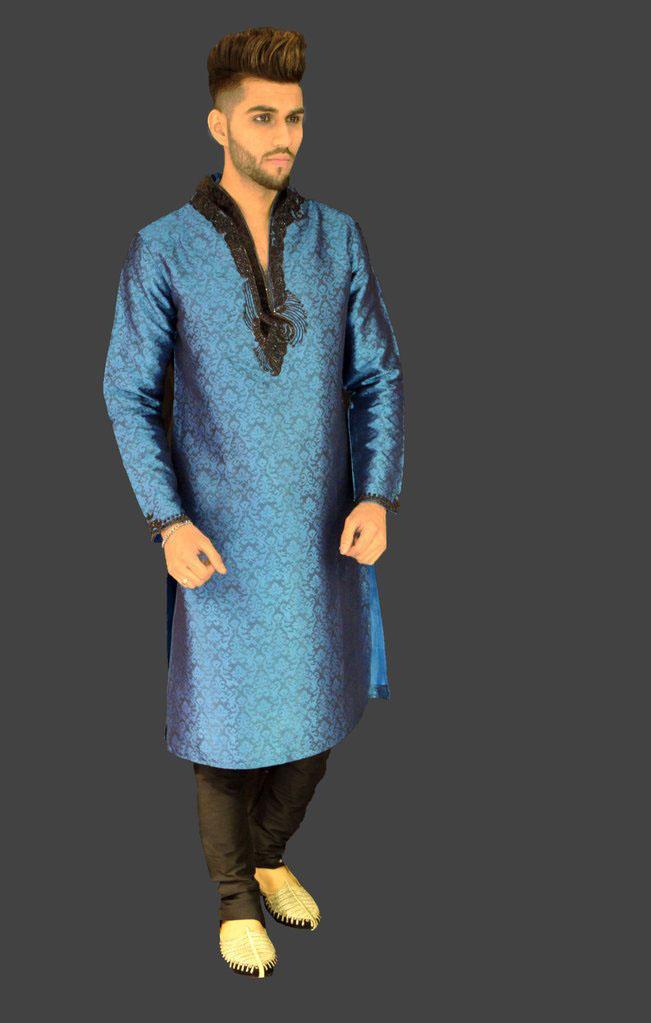 Metallic Blue Brocade Kurta Sherwani with Collar and Chest Embroidery