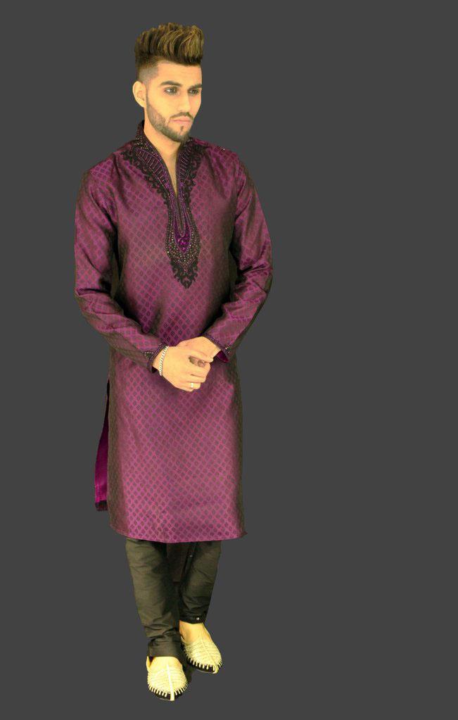 Purple Brocade Kurta Sherwani with Chest and Collar embellishments