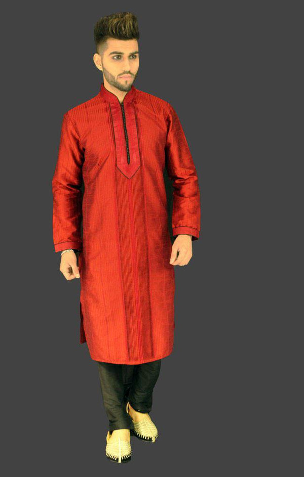 Red Silk Kurta with Black Chest button detail