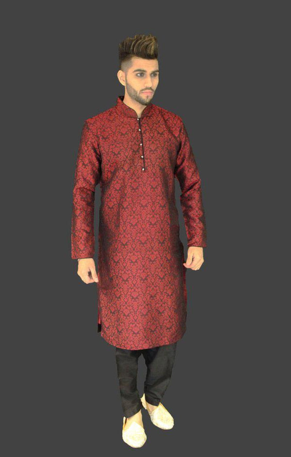 Black and Red Brocade Silk Kurta Sherwani