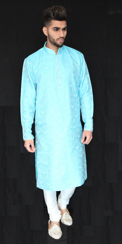 Sky Blue Brocade Kurta Sherwani with Gemstone button detail