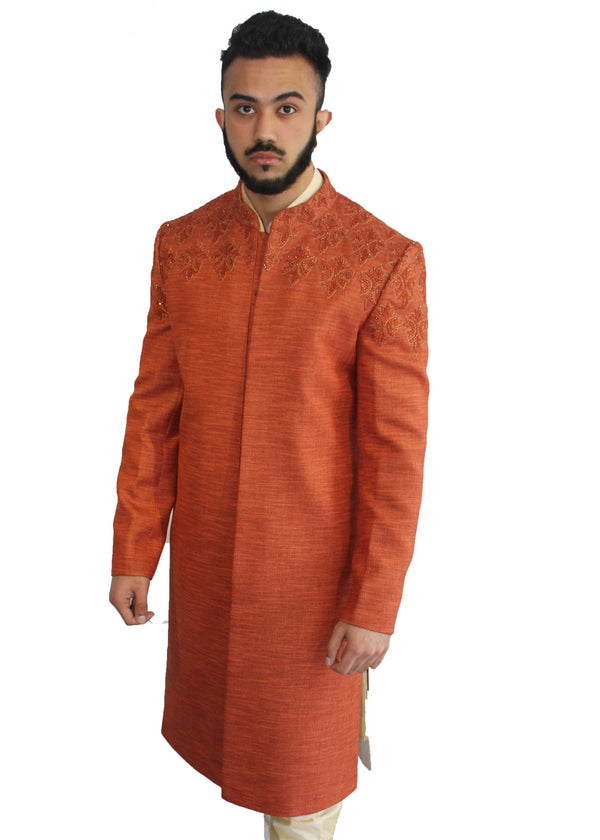 Tanned Coral Sherwani with Antique Vine Embroidery