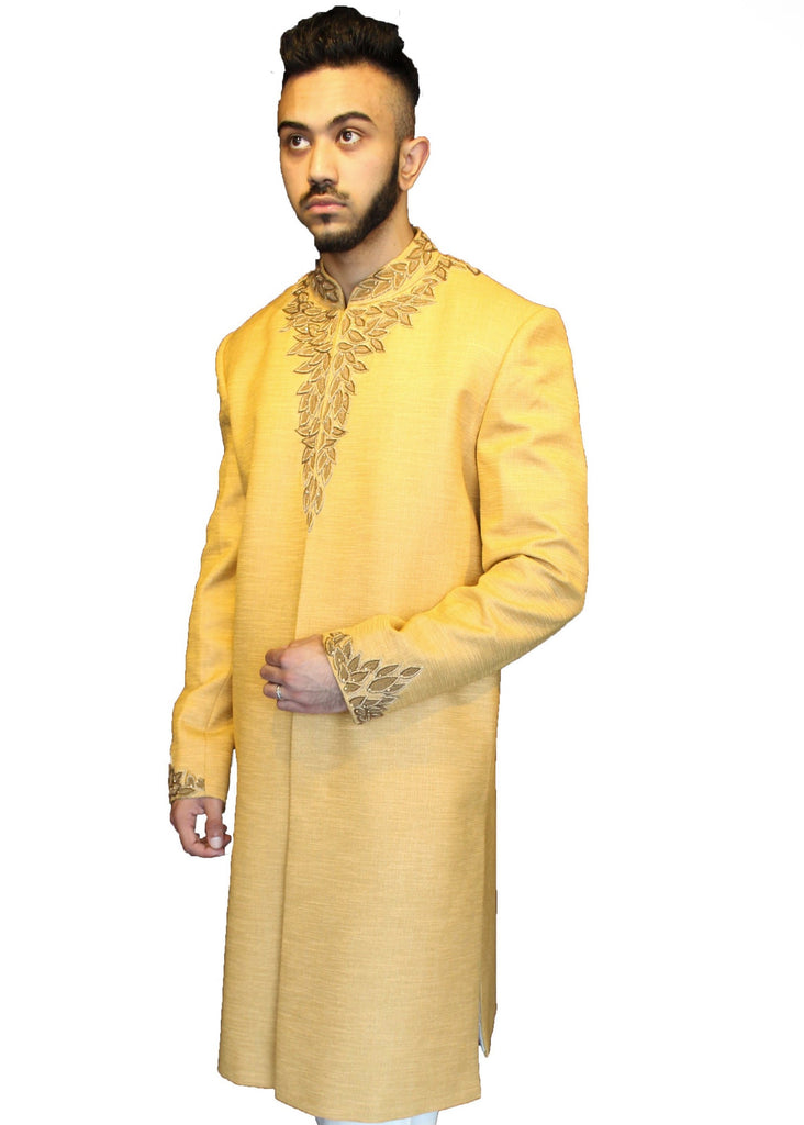 Gold Sherwani with Antique Gold Neckline Embroidery