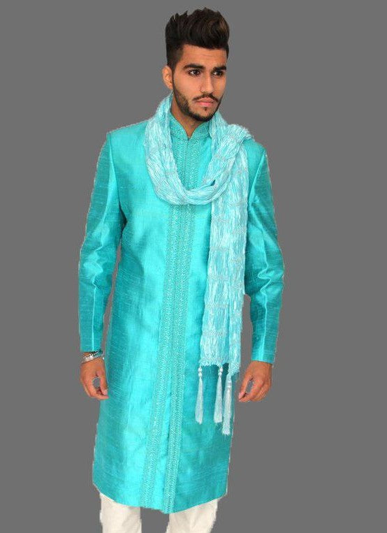 Azure Blue Sherwani with Center Embroidery