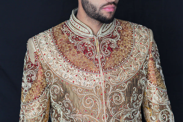 Regal Antique Gold Sherwani with Red, Gold and Ivory Embroidered Detail