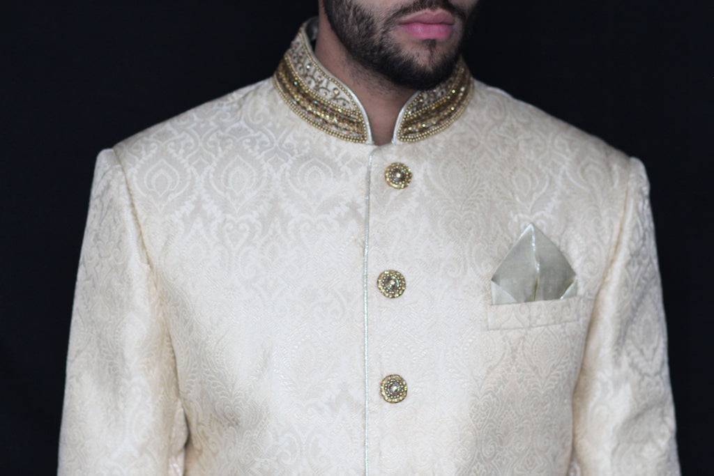 Gold and Ivory Sherwani with Patterned Detailing
