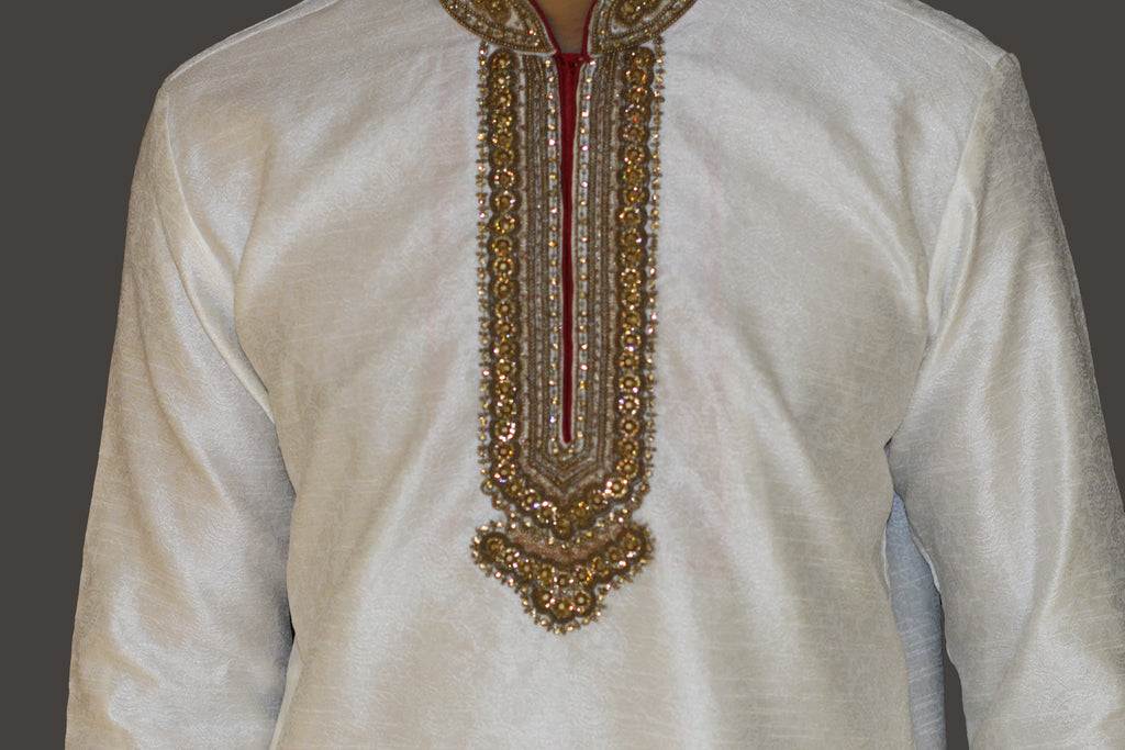Cream Silk Eid Kurta Sherwani with Embellished Chest and Collar