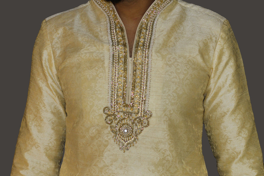 Gold Brocade Kurta Sherwani with Collar and Chest embroidery detail