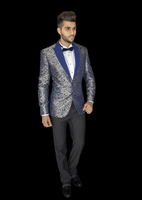 Silver and Blue Blazer with Blue Lapel, button and pocket detail