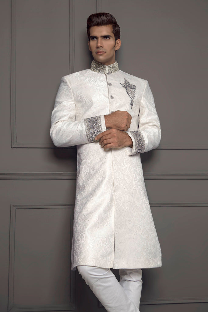 White Sherwani Jacket with Embroidered Collar and Cuffs