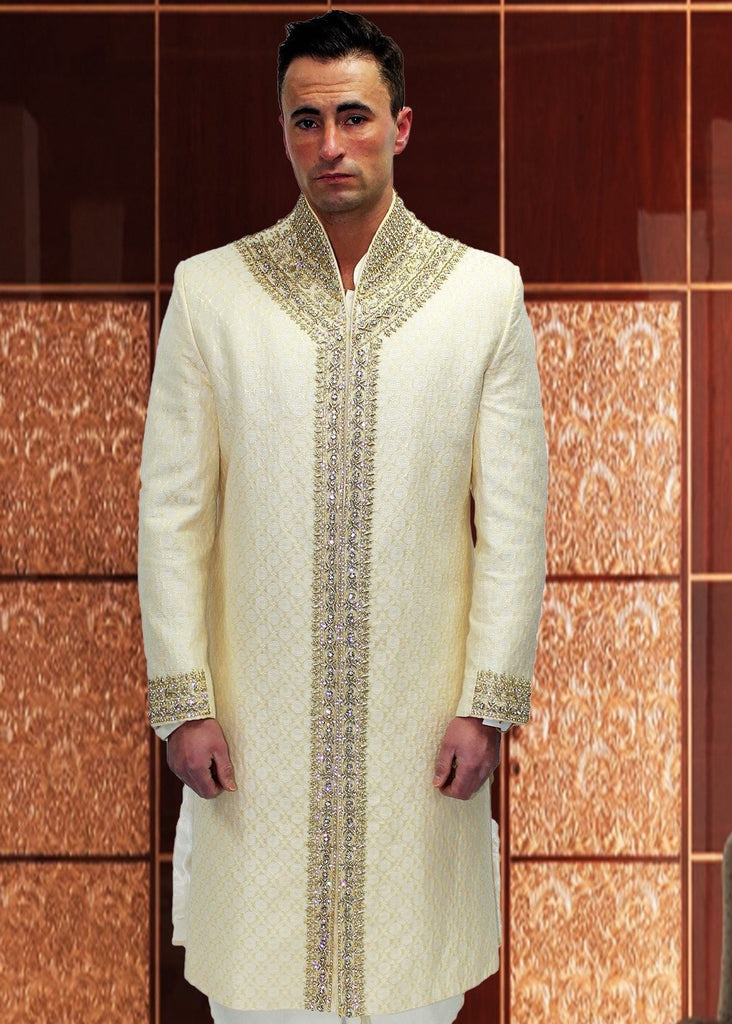 Light Gold Brocade Sherwani with Elegant Swarovski Detailing