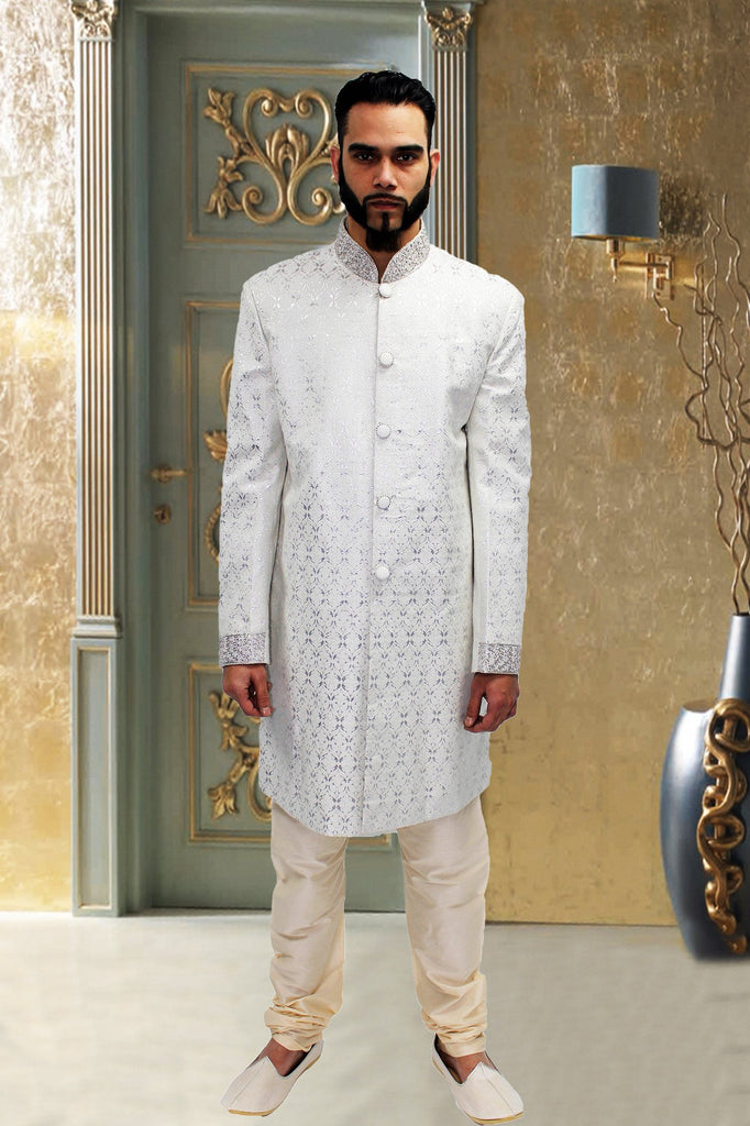 White Brocade Silk Embroidered Sherwani