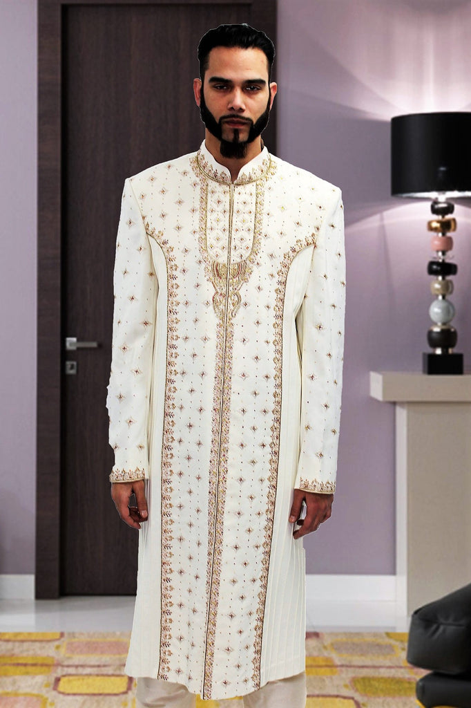Off-white Sherwani with Maroon Embroidery