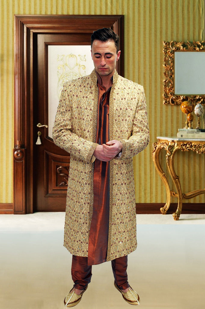 3 Piece Brown Premium Grooms Sherwani with full Embroidery