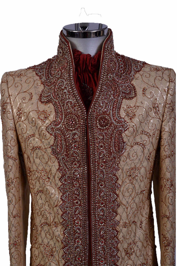 Gold Sherwani with Bronze Vines and Red Chest Piece