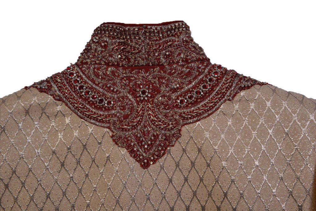 Gold Sherwani with Bronze Vines and Red Chest Piece