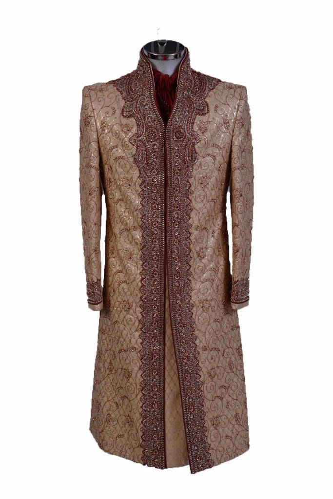 Gold Sherwani with Bronze Vines and Red Chest Piece