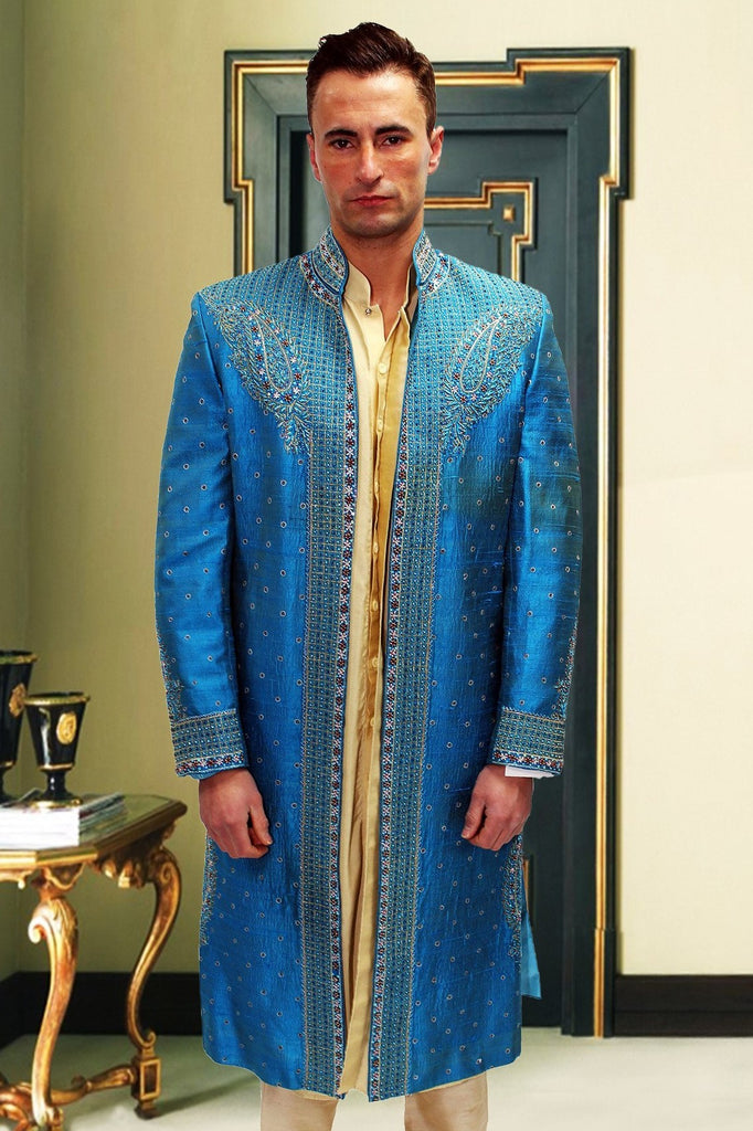 3 Piece Premium Blue Groomsmen Sherwani with Sequin Embroidery