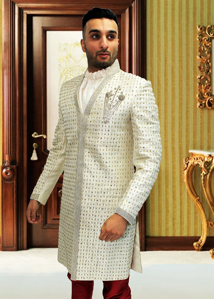 Ivory Sherwani with Pearl Embroidery