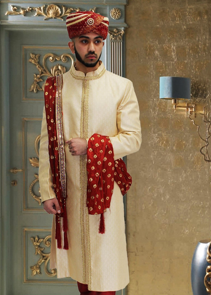 Cream Indian Bollywood Sherwani with center Embroidery for Men