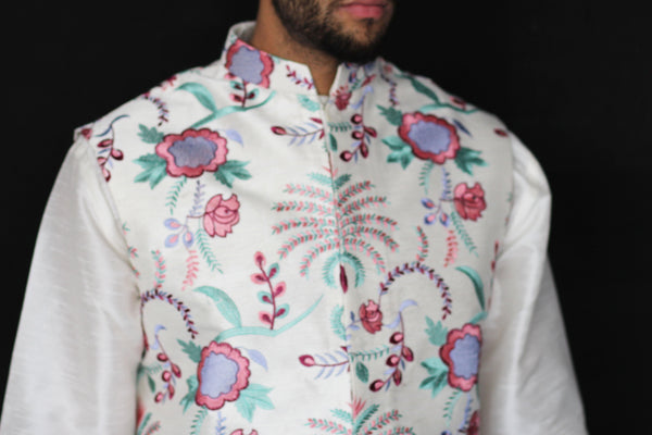 White Silk Waistcoat with Multi Coloured Handmade Embroidered Pattern