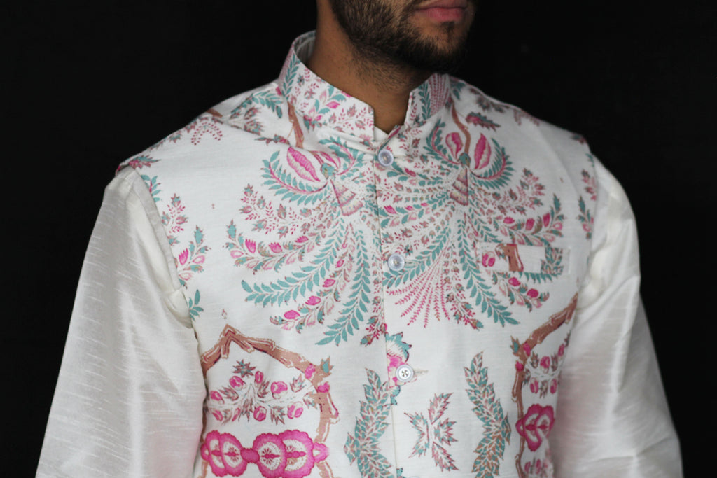 Ivory Waistcoat with Pink and Teal Pattern