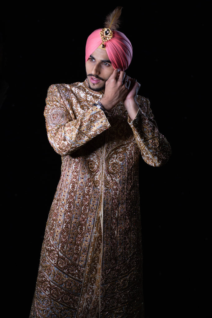 Ivory and Silver Sherwani with Red Gemstones