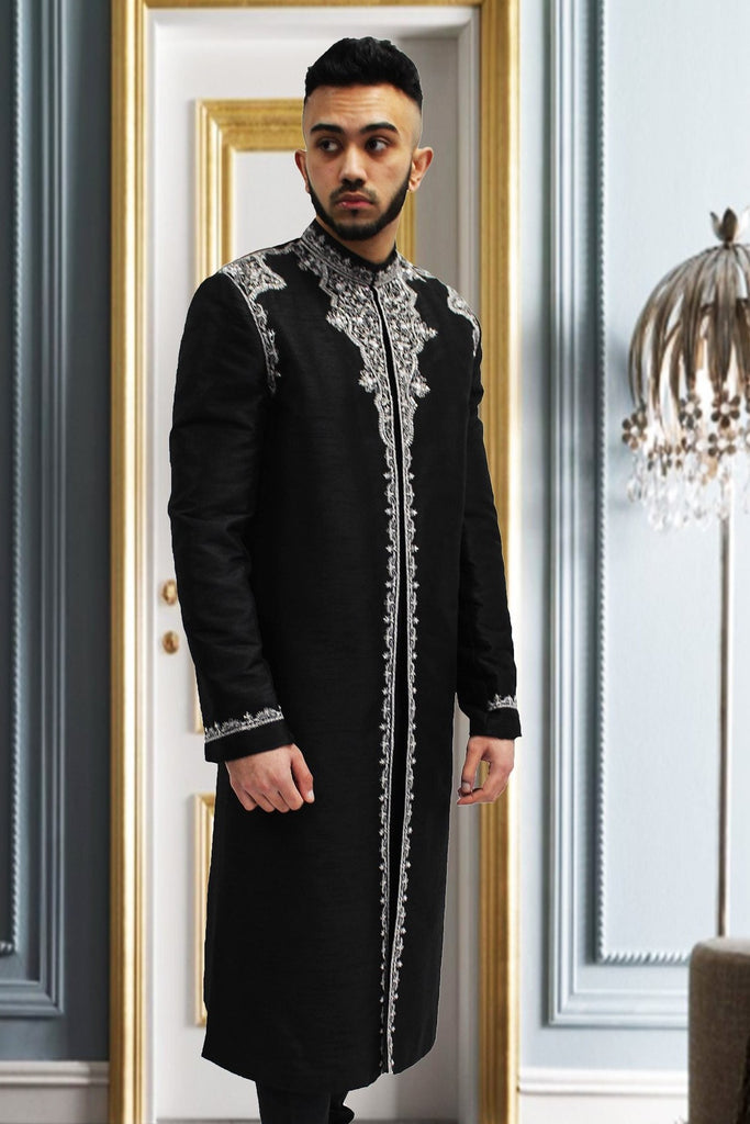 Black Mens Indian Sherwani with White Embroidery