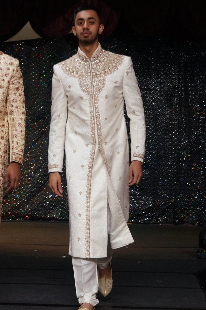 White Silk Sherwani with Crystal Neck Embroidery