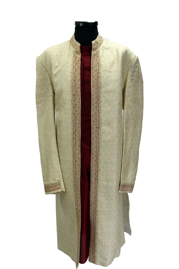 Kollam- 3 Piece Gold Sherwani with Red Kurta - Sherwani King - - 1